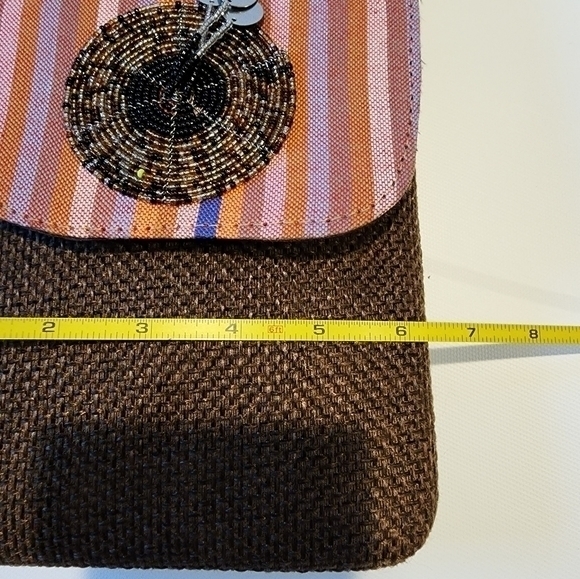 Bohemian Style Crossbody Pocketbook Brown Fabric, Multi Color Sripe, Beads New‎ - Picture 3 of 6